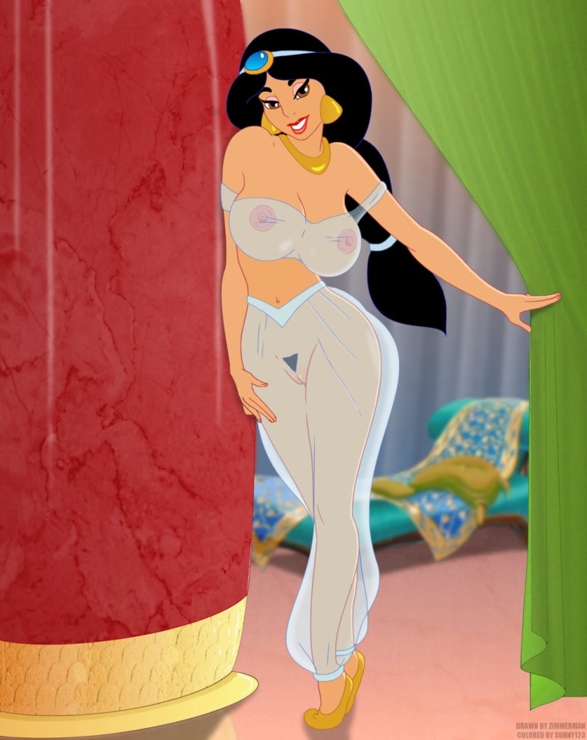 1girls aladdin aladdin_(1992_disney_film) arabian areola big_breasts black_hair breasts brown_eyes busty cleavage colored disney disney_princess earrings eyeshadow female female_only highfive hourglass_figure human julius_zimmerman lipstick makeup middle_eastern middle_eastern_clothing middle_eastern_female nipples princess princess_jasmine pussy royalty seductive see-through see-through_bra see-through_panties see_through_clothing sheer solo sunny123 trimmed_pubic_hair voluptuous