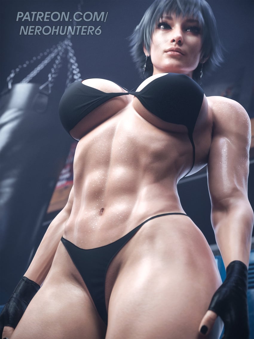 1girls 3d 3d_(artwork) athletic athletic_female big_breasts bikini bikini_top black_bikini breasts devil_may_cry female female_only from_front_position front_view green_eyes heterochromia lady_(devil_may_cry) light-skinned_female light_skin medium_hair muscular muscular_female nerohunter6 red_eyes toned toned_female