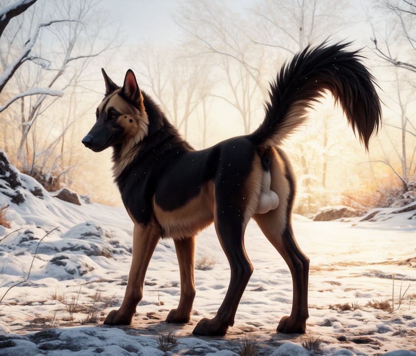 ai_generated anus ass balls black_anus black_body black_fur black_nose blp brown_body brown_eyes brown_fur canid canine canis cheek_tuft day detailed detailed_fur domestic_dog dramatic_lighting ears_up facial_tuft feral fluffy fluffy_fur forest fur genitals german_shepherd glistening glistening_eyes grass herding_dog hi_res inner_ear_fluff light lighting long_snout looking_at_viewer looking_back looking_back_at_viewer male mammal mouth_closed multicolored_body multicolored_fur outside pastoral_dog paws perineum photorealism plant presenting presenting_hindquarters quadruped raised_tail rock sky slim snout snow solo solo_focus standing sunrise tan_body tan_fur three-quarter_view tree tuft whisker_spots white_balls white_perineum winter