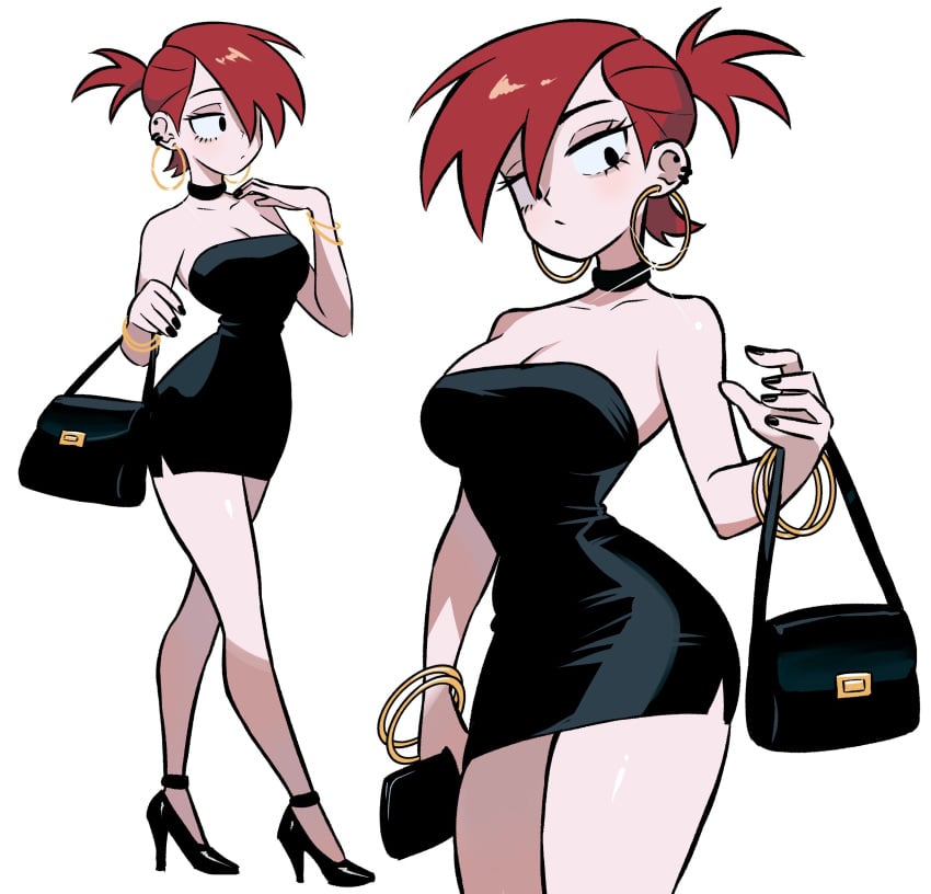 1girls absurdres bag black_dress black_eyes breasts cleavage closed_mouth dress ear_piercing female foster's_home_for_imaginary_friends frankie_foster full_body handbag high_heels highres jewelry large_breasts long_hair looking_at_viewer piercing red_hair ring simple_background standing walking white_background zeon_(zzeeonn)