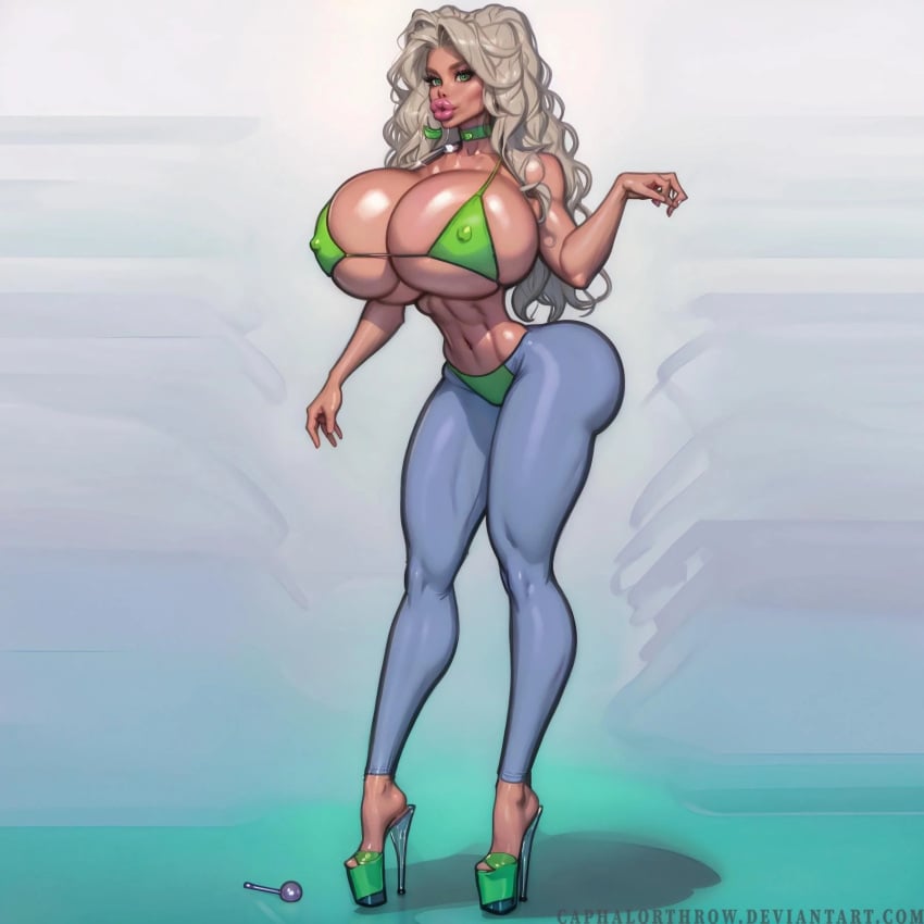 ai_generated big_ass big_breasts big_lips bikini_top bimbo bimbo_body bimbo_lips blonde_hair bubble_butt caphalorthrow cleavage female female_only green_eyes high_heels huge_ass huge_breasts leggings massive_breasts platform_heels plump_lips revealing_clothes skimpy_clothes tagme the_pitt_(style) thick_ass thick_lips