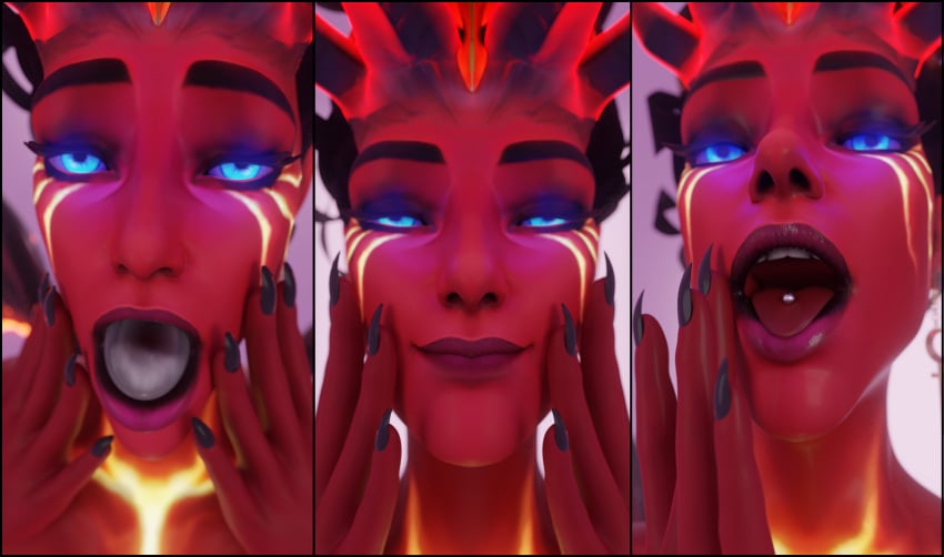 1female 3d 3d_(artwork) benthaideelune black_hair black_nails blue_eyes cum cum_bubble cum_in_mouth cum_pool cum_swallow dota_2 eye_contact female fingers_on_face looking_at_viewer open_mouth pleasure_face pleasured queen_of_pain red_skin smile succubus swallowing swallowing_cum tagme tongue_out tongue_piercing