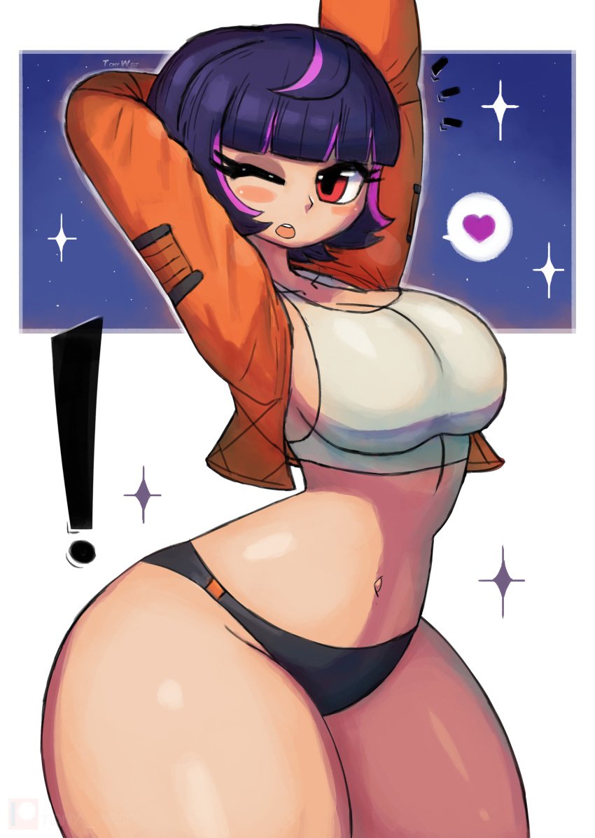 ! 1girls absurdres arms_up black_panties blush bra breasts cleavage collarbone female heart highres jacket juno_(overwatch) large_breasts long_sleeves looking_at_viewer multicolored_hair navel night night_sky one_eye_closed open_clothes open_jacket open_mouth orange_jacket overwatch overwatch_2 panties pink_hair purple_hair red_eyes short_hair sky sparkle speech_bubble spoken_heart standing star_(sky) starry_sky streaked_hair stretching teeth tony_welt underwear white_background white_bra wide_hips