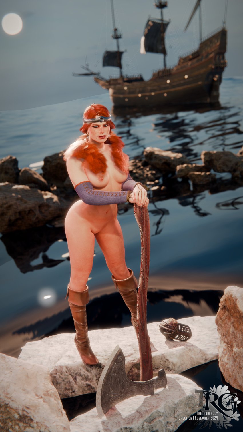 3d axe boots breasts cerys_an_craite crown female light-skinned_female looking_at_viewer nipples nude pussy red_hair scar skellige solo the_witcher_(series) the_witcher_3:_wild_hunt therenderguy