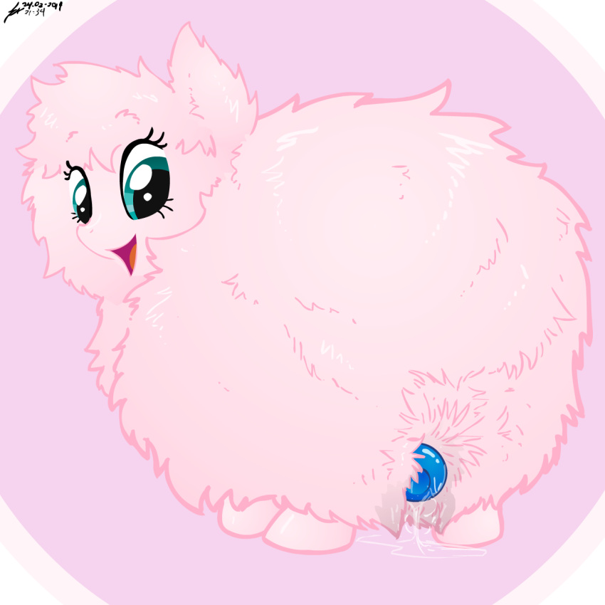 2014 blue_eyes equine female feral fluffle_puff fluffy fur happy horse mammal my_little_pony open_mouth pink_fur pony pussy_juice sex_toy shinekolt solo standing