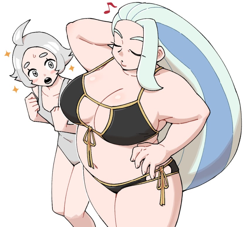 2girls age_difference bbw belly big_breasts bikini black_bikini breasts chubby chubby_female duo female_only gym_trainer_(circhester_stadium) gym_trainer_(circhester_stadium)_(shield) light-skinned_female light_skin melony_(pokemon) midriff milf nintendo older_female older_female_younger_female pokemon pokemon_ss small_breasts thick wide_hips younger_female