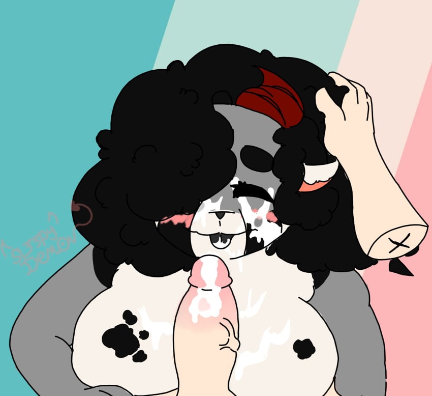 2d 2d_(artwork) blush boobs_out breasts cum cum_drip cum_on_breasts cum_on_face cumshot female female_only flustered furry furry_female furry_with_non-furry huge_breasts human_on_anthro humanoid_hands moon(sl33py_demon) original original_character penis red_eyes simple_background simple_coloring sl33py_demon thick_penis tits_out