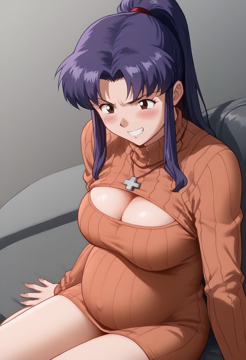 ai_generated big_belly big_breasts breasts cleavage misato_katsuragi neon_genesis_evangelion pregnancy pregnancy_cravings pregnant pregnant_belly