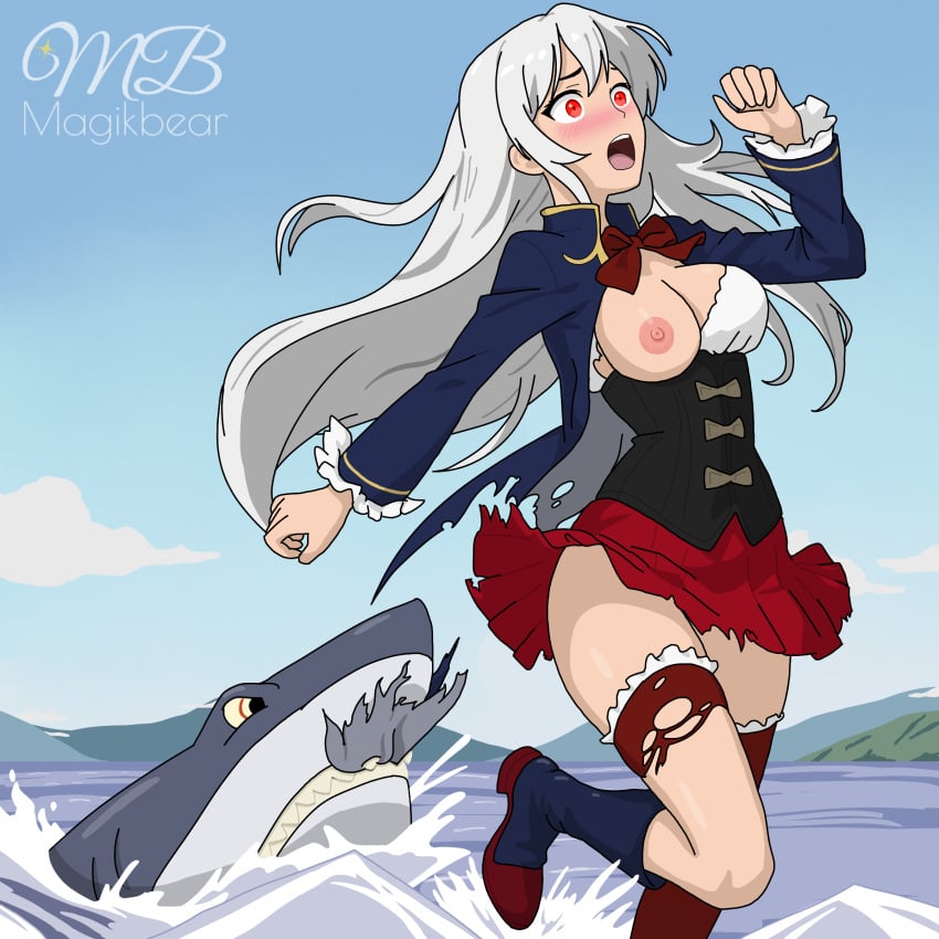 blouse blue_coat blush blush boots bow clothes_removed corset damsel_in_distress exposed_breasts exposed_nipples red_bow red_eyes red_skirt running scared shark skirt_lift stockings torn_clothes white_hair