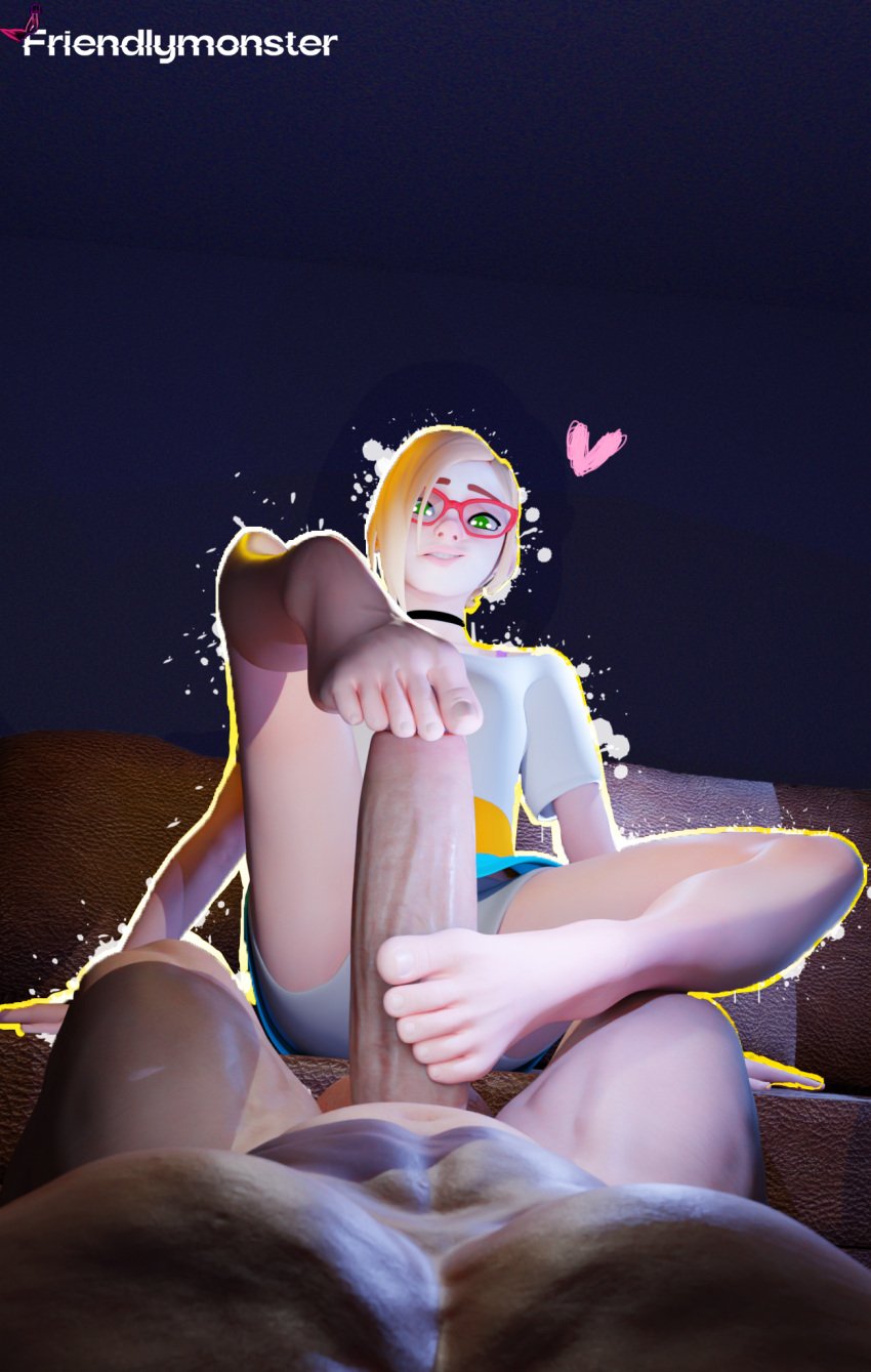 1boy 1girls 3d 3d_(artwork) andavaverse balls barefoot big_balls big_penis blonde_hair clothed clothed_female_nude_male darcy_redd feet feet_on_penis female footjob foreskin friendlymonster glasses green_eyes heart huge_balls huge_cock human human_male indoors light-skinned_female light-skinned_male light_skin looking_at_viewer male male/female night penis pov self_upload sex smug teenager uncircumcised uncut watermark