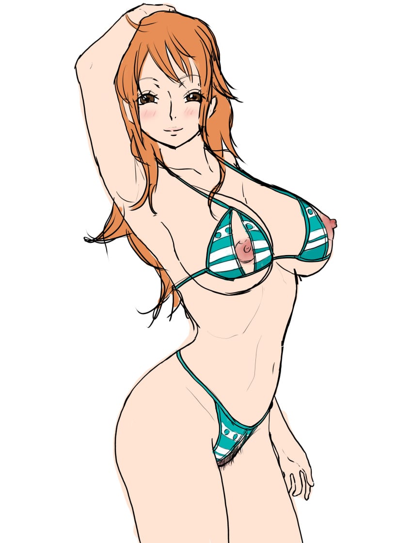 1girls 2019 big_breasts bikini bikini_bottom bikini_top blush breasts crotch_cutout crotchless female female_only hairy_pussy iwao178 nami nipple_cutout nipple_slits nippleless_bikini nippleless_clothes nipples one_piece orange_hair post-timeskip pubic_hair standing