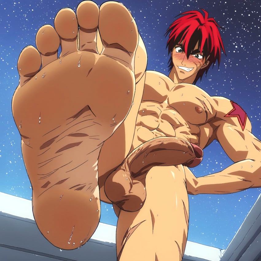 ai_assisted ai_generated anime balls blue_eyes edited erection foot_focus gene_starwind male male_foot_fetish male_only muscular_male nude_male outlaw_star red_hair scars smiling_at_viewer solo_male sweat tattoo toes yaoi