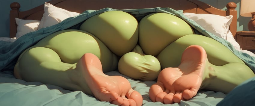 ai_generated ass ass_focus chubby feet foot_fetish foot_focus from_below futa_sans_pussy futanari goblin goblin_futanari goblinenthusiast green_skin head_out_of_frame large_ass large_testicles self_upload shortstack sleeping soles solo testicles thick_thighs ultrawide