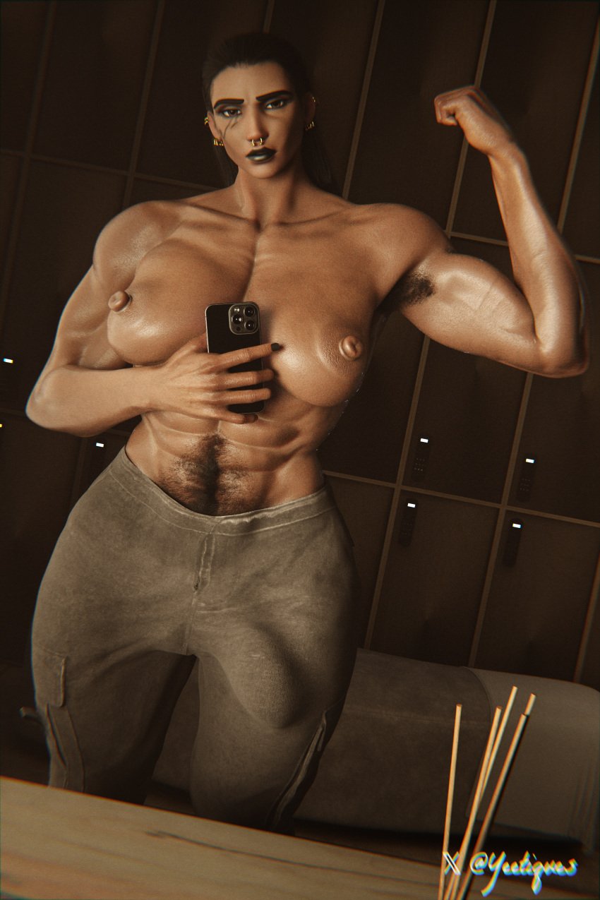 3d armpit_hair black_lipstick bulge bulge_through_clothing dark-skinned_futanari dark_skin ear_piercing ear_piercings fareeha_amari flexing flexing_bicep futa_only futanari hairy mirror_selfie muscular_futanari overwatch penis_outline pharah pubic_hair selfie septum_piercing yeetiques