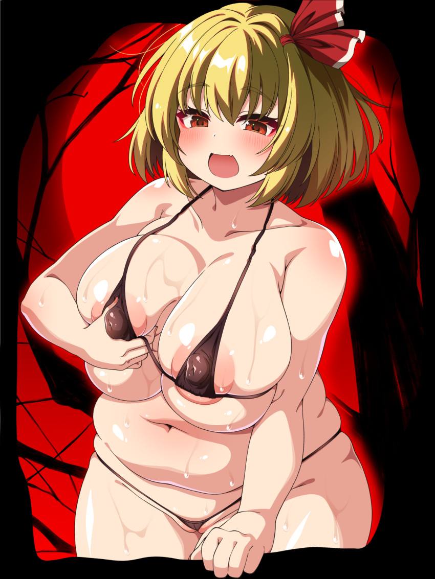 1girls areola_slip bbw bikini blonde_hair blush breast_grab chubby erect_nipples fat female front_view groping groping_breasts iori_4kagetsu micro_bikini nipple_bulge open_mouth red_eyes ribbon rumia skimpy skimpy_bikini smile solo swimsuit touhou