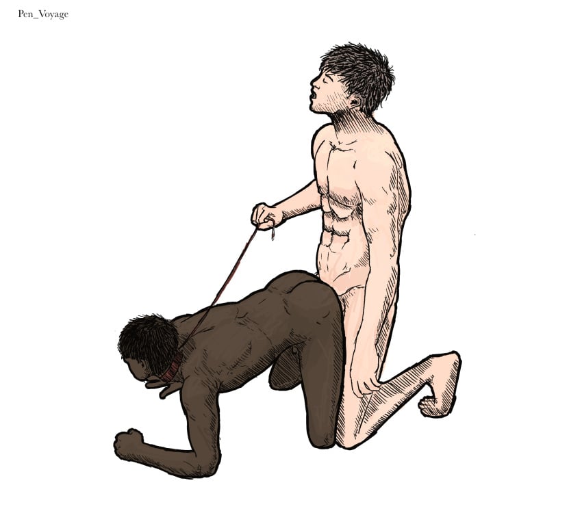 2boys black_body black_hair black_penis chest closed_eyes collar color color_edit colored colored_sketch colored_skin cute cute_male dark-skinned_male dark_hair dark_skin dominant_male domination gay gay_anal gay_male gay_sex homosexual indoor indoors indoors_sex interracial leash leash_and_collar leash_pull leashed_collar light-skinned light-skinned_male light_skin male male_penetrating male_penetrating_male maledom malesub master multiple_boys multiple_males muscular_arms muscular_legs muscular_male muscular_thighs naked naked_male nipples on_bed pecs pectorals pen_voyage penetration penetration_from_behind sex sex_from_behind sex_on_bed slave teen_boy teenage teenage_boy white_background white_male white_skin yaoi