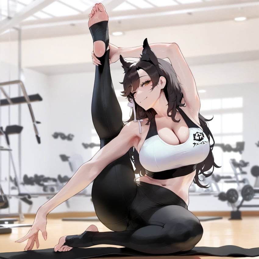 1girls absurd_res ai_generated animal_ears animal_girl arm_up atago_(azur_lane) azur_lane dog_ears dog_girl feet feet_up grabbing_own_leg gym gym_clothes gym_clothing huge_breasts indoors kemonomimi leg_grab leg_up leggings liu_(artist) on_floor one_eye_closed presenting seductive seductive_look seductive_smile smile solo solo_female sports_bra sportswear stirrup_legwear stretching toeless_legwear voluptuous voluptuous_female wink winking_at_viewer yoga yoga_pants