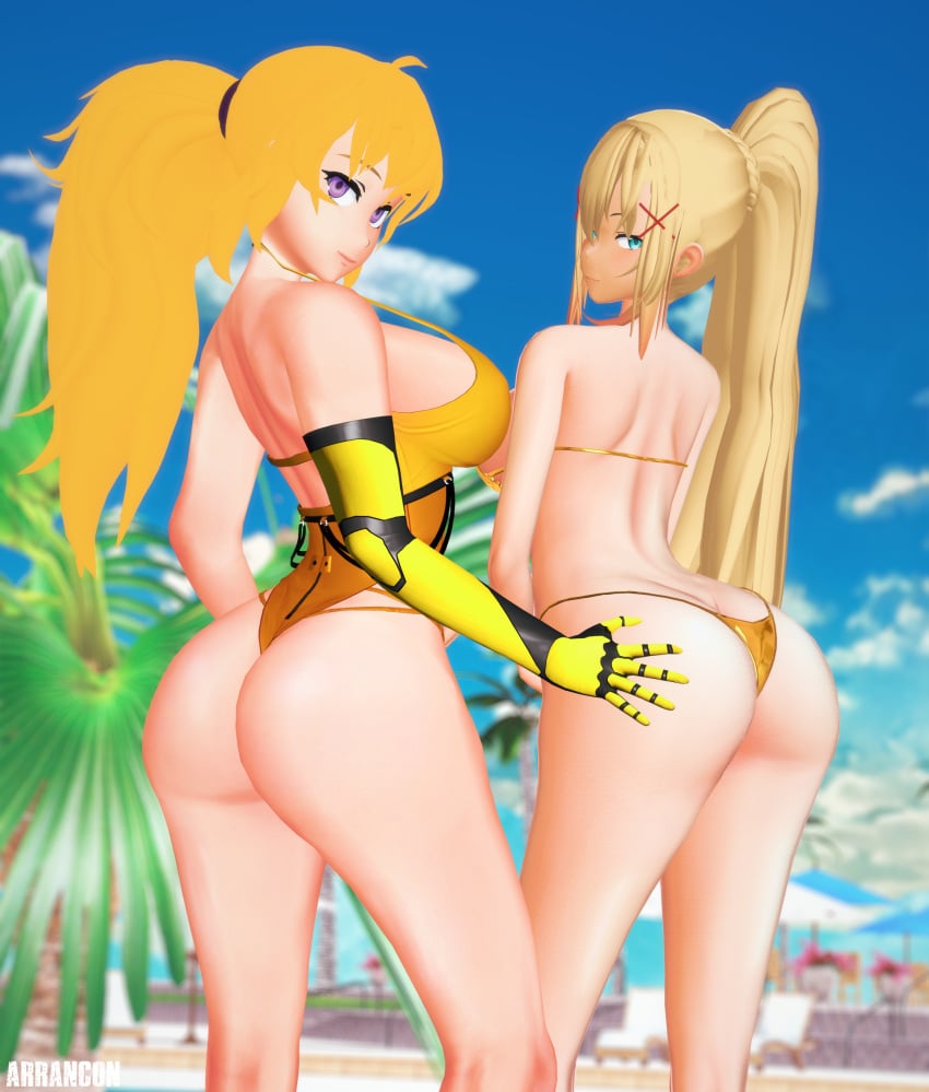 2girls arrancon bikini bikini_bottom bikini_top blonde_female blonde_hair blue_eyes darkness_(konosuba) hand_on_butt kono_subarashii_sekai_ni_shukufuku_wo! looking_back one-piece_swimsuit posing purple_hair robotic_arm rwby yang_xiao_long