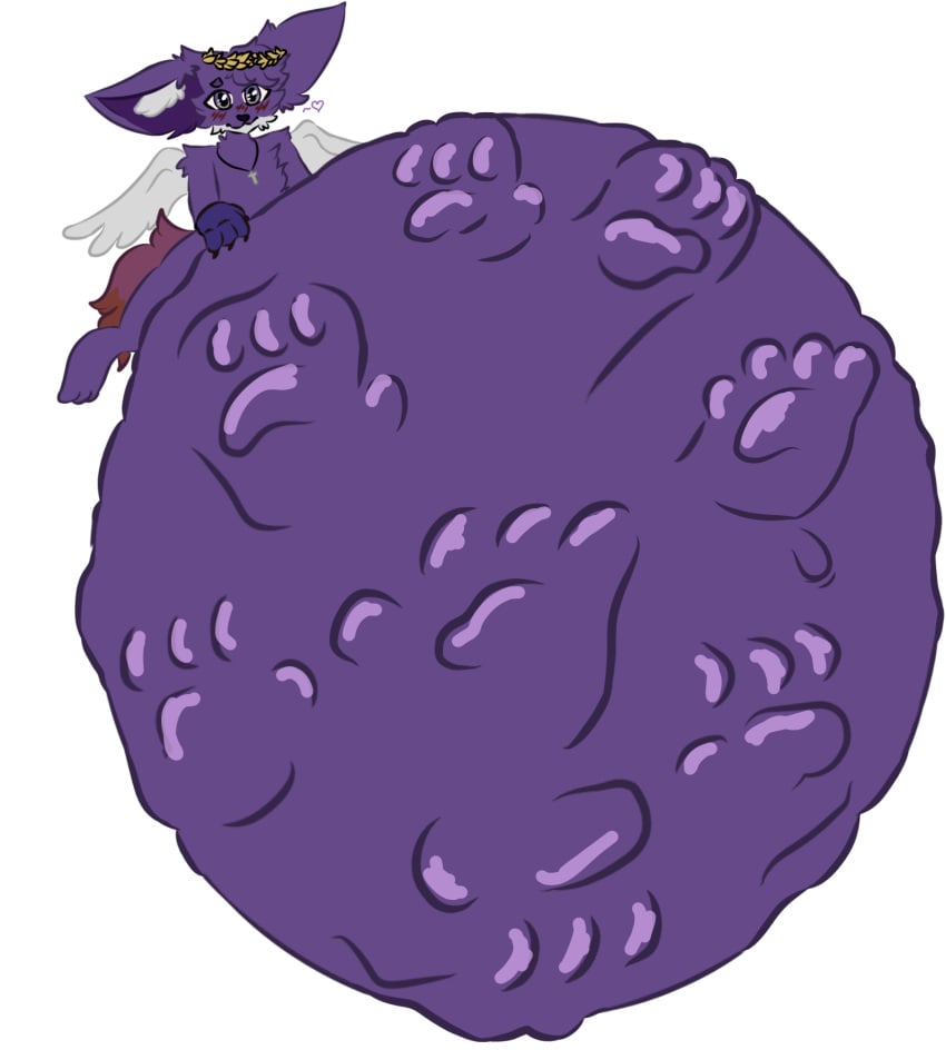 belly belly_button big_belly commission fox fox_ears huge_belly hyper pawpads paws predator/prey purple_body purple_hair safe_vore vore vore_belly willing_pred willing_prey wings ych ych_(character)