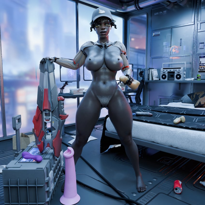 3d african african_female black_hair breasts cyborg dark-skinned_female dildo feet female gilf grey_pubic_hair lacoux3d overwatch overwatch_2 pubes pussy sojourn_(overwatch) very_dark_skin