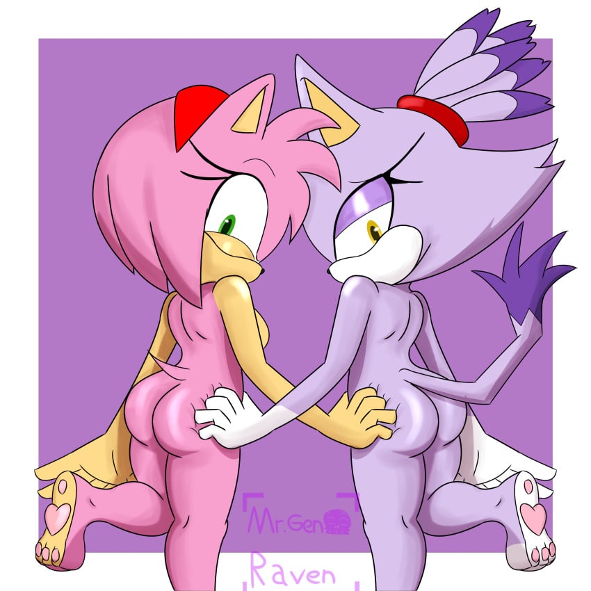 absurd_res amy_rose animal_humanoid anthro ass blaze_the_cat domestic_cat duo eulipotyphlan felid feline felis female female/female fur green_eyes hedgehog hi_res humanoid mammal mammal_humanoid mrgenoraven nude pink_body purple_body purple_fur sega simple_background sonic_(series) sonic_the_hedgehog_(series) tail yuri