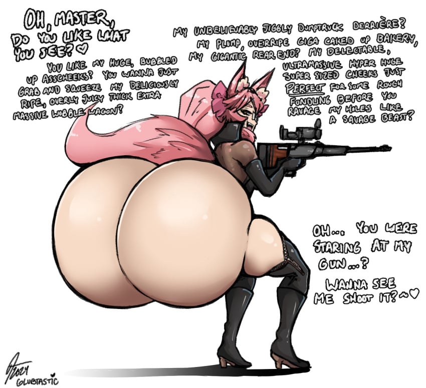 ass_bigger_than_head ass_bigger_than_torso big_ass bubble_ass bubble_butt dumptruck_ass dumptruck_butt giant_ass glasses glubtastic gun holding_gun huge_ass hyper_ass hyper_butt koyanskaya_(assassin) koyanskaya_(fate) large_ass massive_ass pink_ears pink_hair pink_tail talking_to_viewer