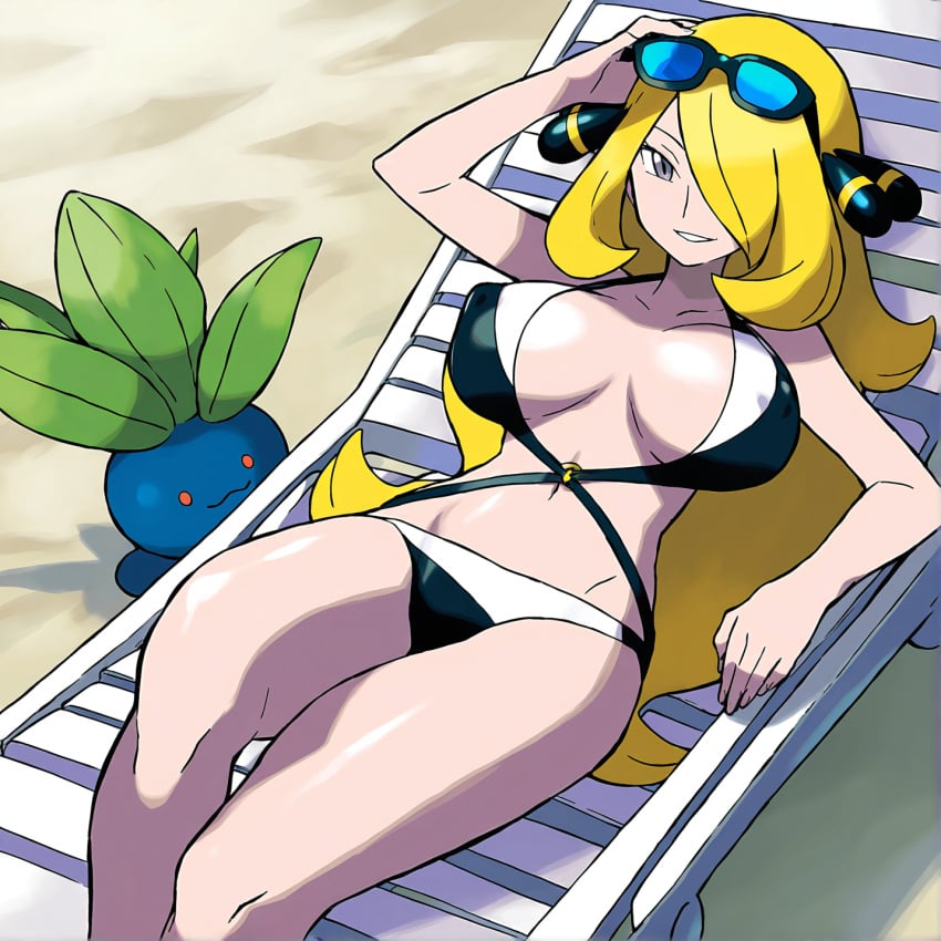 1girls ai_generated bikini blonde_female blonde_hair blonde_hair_female breasts cynthia_(pokemon) female female_only huge_breasts large_breasts light-skinned_female light_skin long_hair looking_at_viewer nintendo oddish pokemon pokemon_dppt pubic_hair roastiegens sling_bikini swimsuit thick_thighs thighs wide_hips