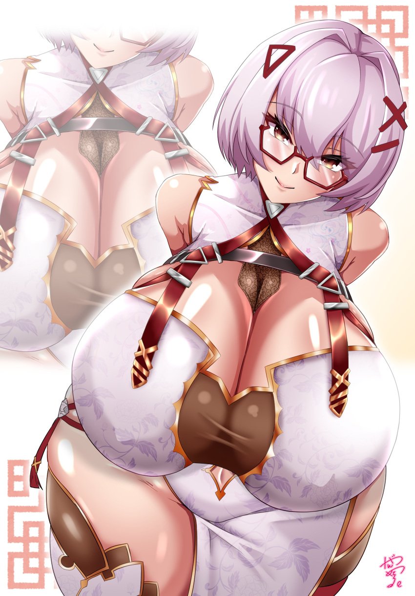 absurdres blush breasts character_request cleavage dress female gan-metal glasses grey_eyes hairclip highres huge_breasts looking_at_viewer shiny_skin short_hair smile source_request thighhighs