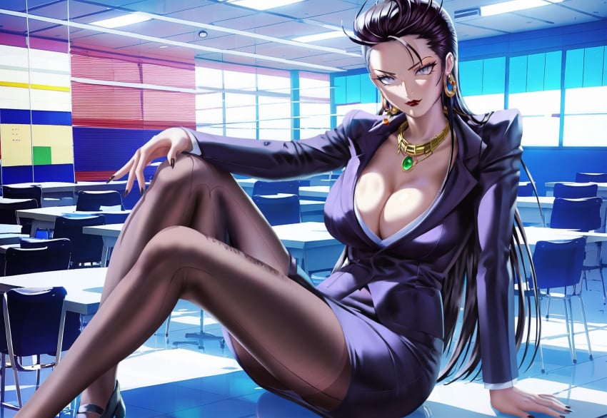 1girls ai_generated big_breasts cleavage clothing demonsummonerai female lilith_(megami_tensei) long_legs makeup no_bra office office_lady pantyhose pencil_skirt shin_megami_tensei yuriko_(shin_megami_tensei)