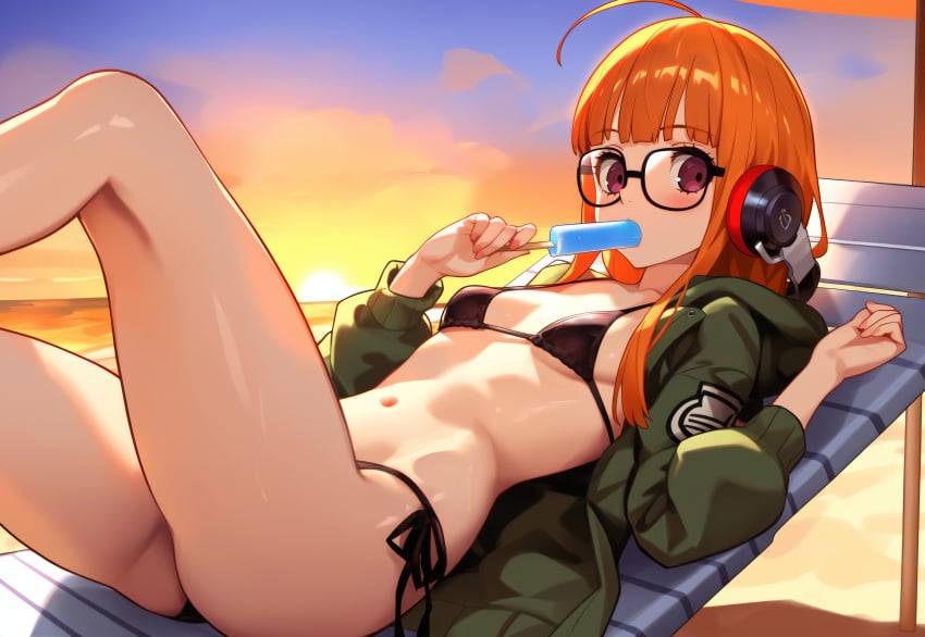 1girls absurdres ahoge ai_generated beach beach_chair bikini black_bikini blunt_bangs blush breasts female food glasses green_hoodie headphones highres hime_cut hood hoodie ice_cream looking_at_viewer lying navel on_back orange_hair outdoors persona persona_5 petite popsicle purple_eyes sakura_futaba side-tie_bikini_bottom small_breasts solo string_bikini summer sunset swimsuit