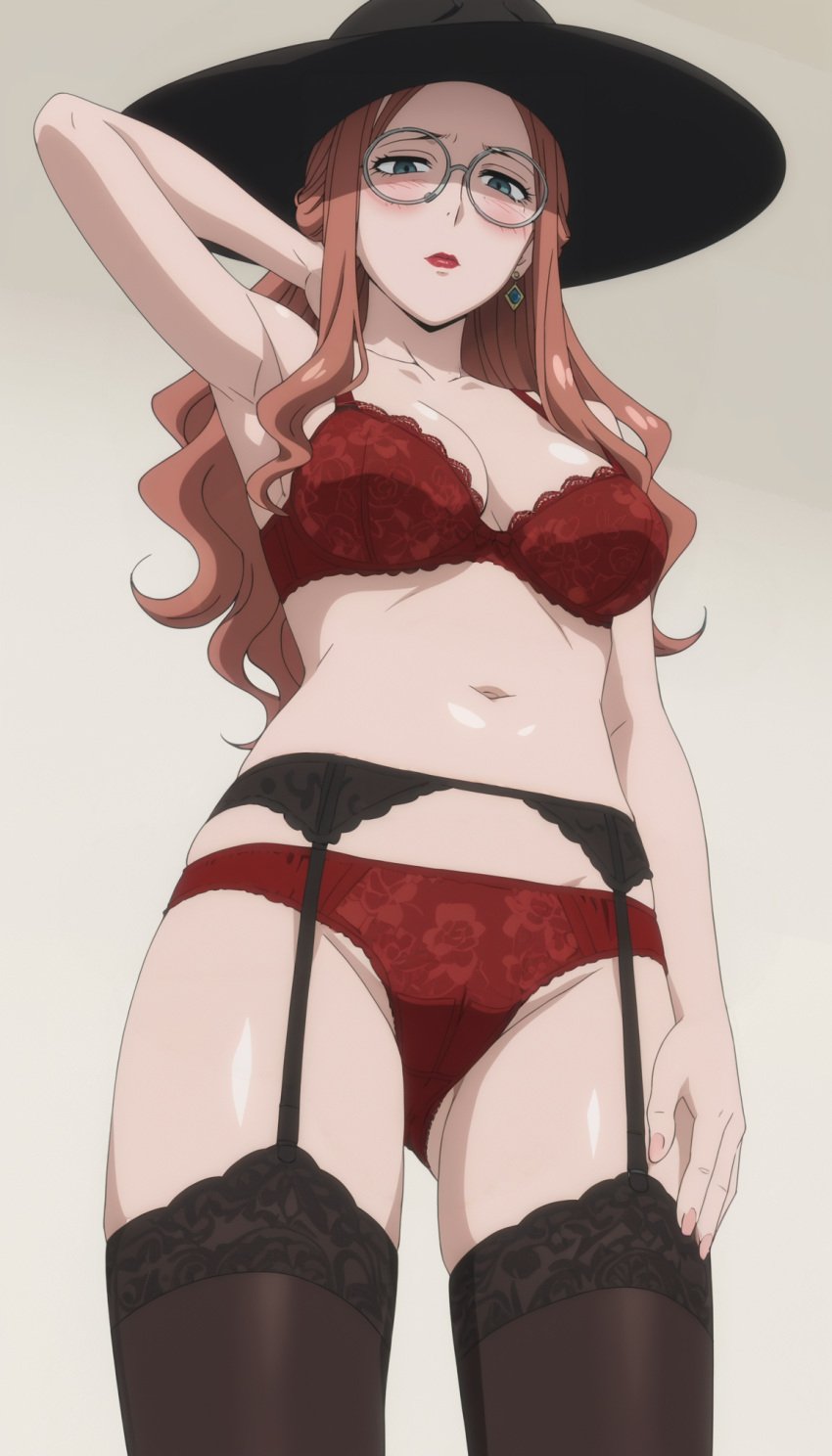 ai_generated blue_eyes blush blushing bra breasts brown_hair earrings female female_only garter_belt glasses hat human lingerie long_hair nai_diffusion panties solo spy_x_family stable_diffusion sylvia_sherwood tagme