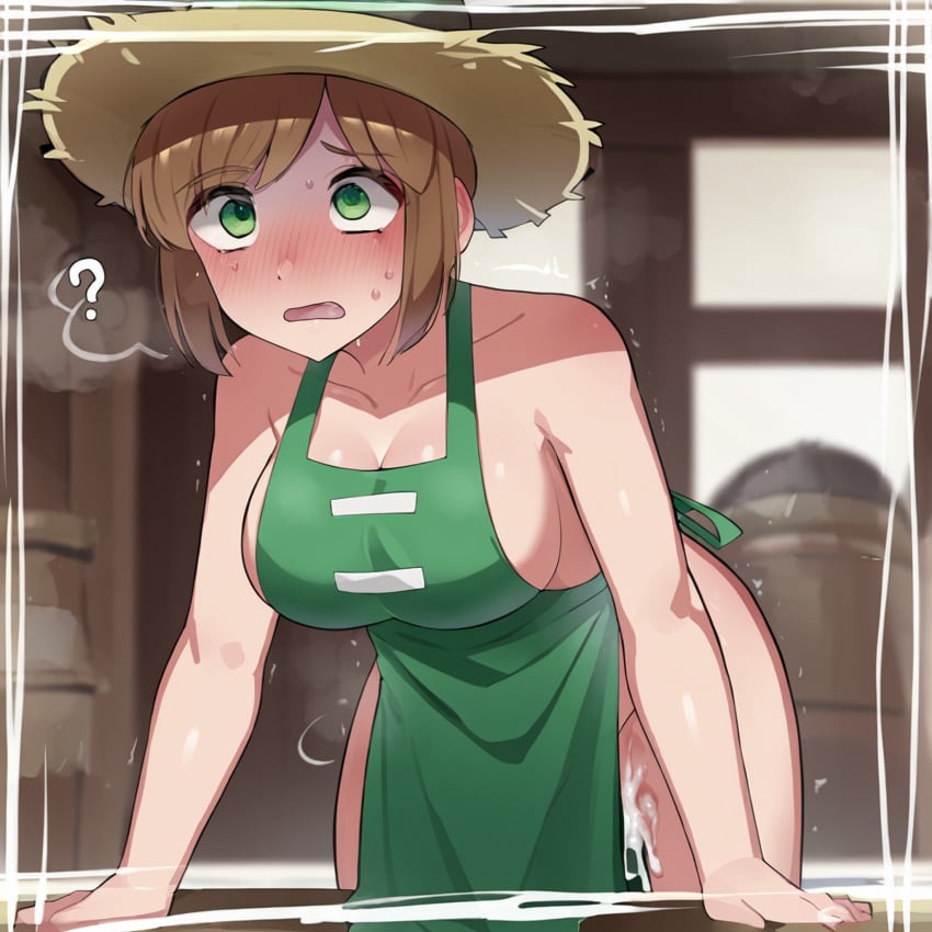 1girls after_sex ai_generated almost_nude apron apron_only bent_over brown_hair cleavage cum cum_inside cum_overflow dubious_consent emma_woods green_apron hat highres identity_v idv large_ass large_breasts mizumizuni_(style) nervous osmondai question_mark scared short_hair solo stable_diffusion straw_hat sweat trembling wide_hips