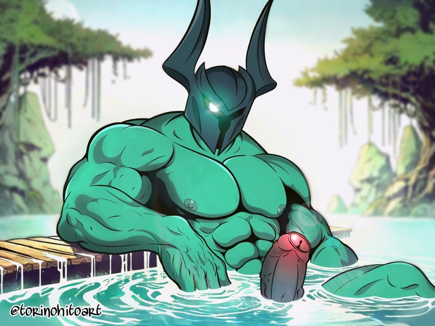 4:3 abs absurd_res anthro armor biceps big_biceps big_muscles big_pecs big_penis bodily_fluids chair clothing erection furniture genitals glowing glowing_eyes green_body green_skin headgear headwear helmet hi_res horn huge_cock huge_muscles humanoid humanoid_genitalia humanoid_penis lake league_of_legends looking_at_viewer male male_only mammal mask mordekaiser muscular muscular_anthro muscular_arms muscular_male muscular_thighs nipples nude outside pecs penis pose riot_games seductive simple_background sitting solo tencent thick_thighs torinohito water