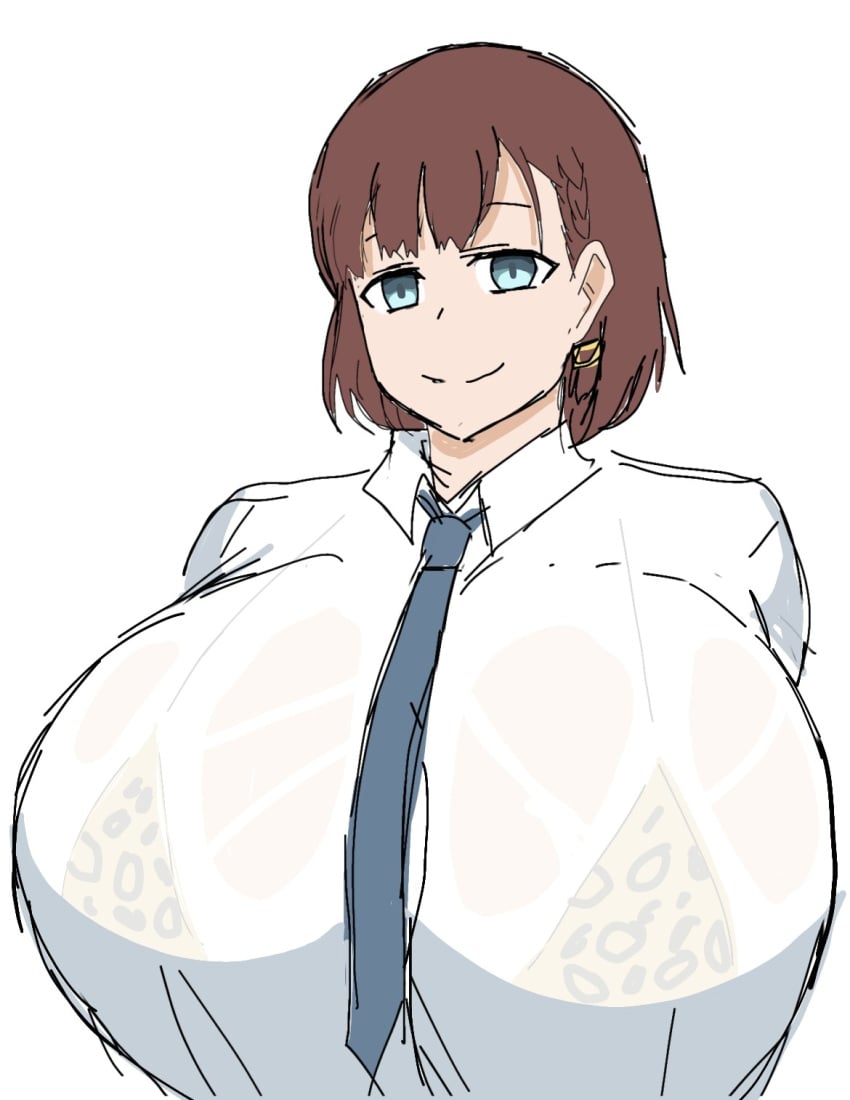 1girls ai-chan_(tawawa) blue_eyes bra bra_visible_through_clothes breasts brown_hair female female_focus getsuyoubi_no_tawawa happy huge_breasts large_breasts looking_at_viewer momiji_(artist) see_through_shirt solo wet_clothes