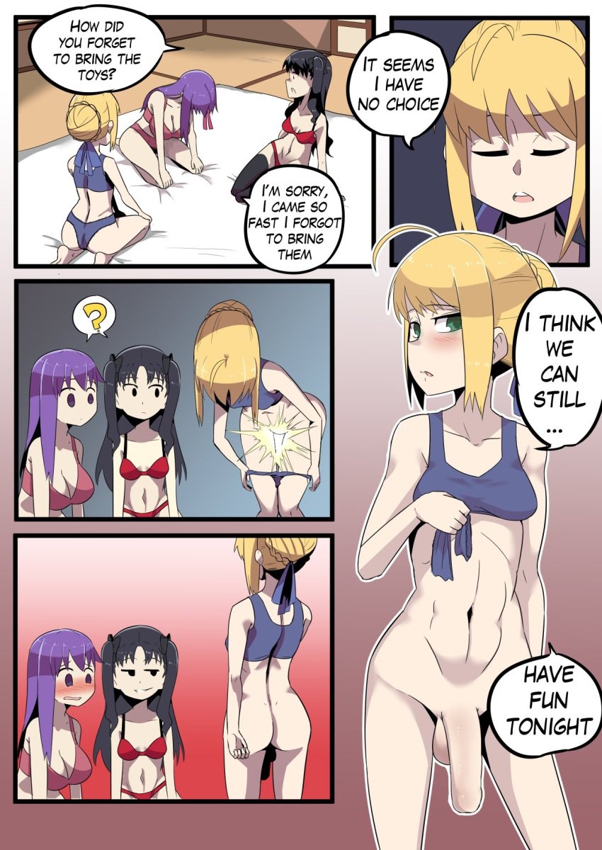 1futa 2girls 3girls abdomen abdominals artoria_pendragon big_balls big_cock big_penis black_hair black_legwear blonde_female blonde_hair blonde_hair_female blue_underwear blush comic english_text fate/hollow_ataraxia fate/kaleid_liner_prisma_illya fate/stay_night fate_(series) futa_on_female futa_with_female futanari green_eyes hair_ribbon light lingerie long_hair matou_sakura muscles no_pubic_hair pink_bra pink_panties pink_underwear purple_hair pussy_transformation question_mark red_bra red_panties red_underwear rin_tohsaka saber saber_(fate) sakura_matou smirk smirking smirking_at_partner text tohsaka_rin twintails ukaya_masaru ukaya_masaru_mx underwear white_blanket