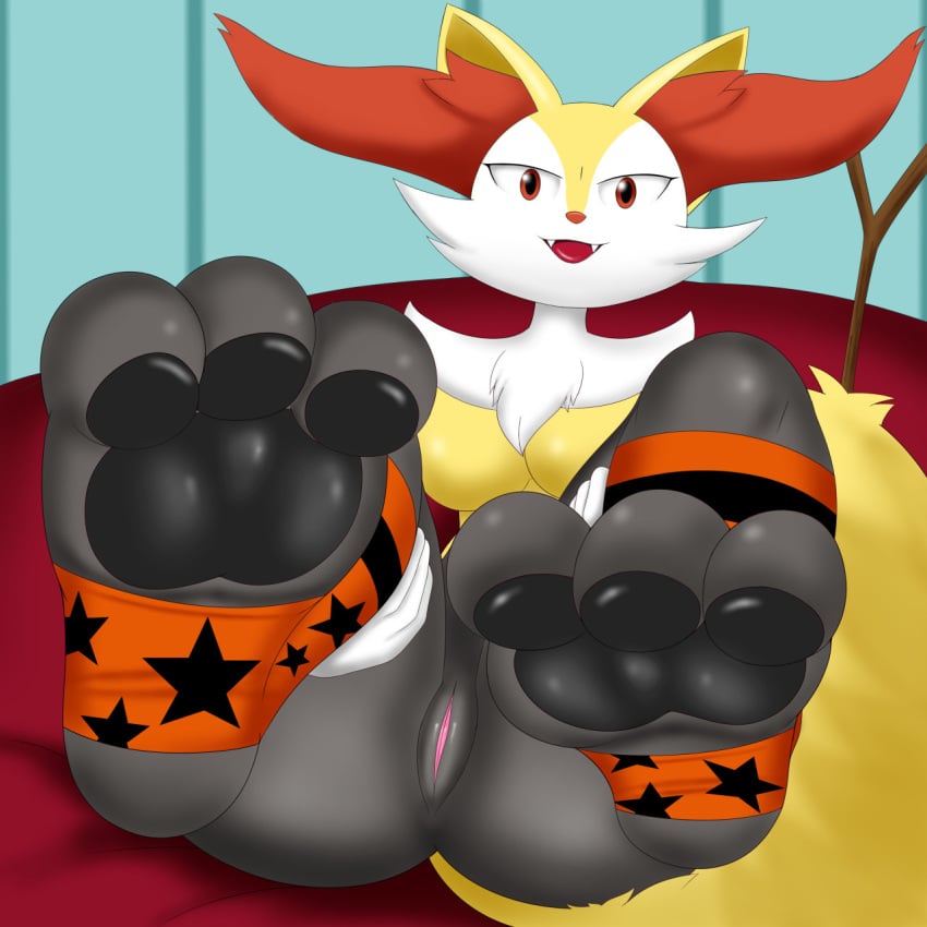 1:1 3_toes anthro blush braixen breasts claws clothing feet female foot_focus footwear generation_6_pokemon genitals hi_res legwear nintendo pawpads paws plantigrade pokemon pokemon_(species) prismosis pussy red_eyes socks soles solo stirrup_legwear stirrup_socks teeth toeless_footwear toeless_legwear toes tongue