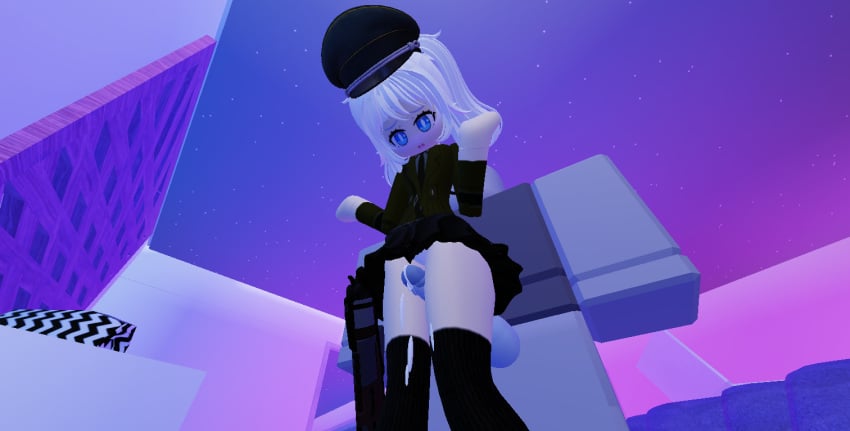 1boy 1girls 3d blue_hair blush cum_drip cum_on_thigh kneehighs military_uniform original_character roblox roblox_avatar roblox_studio robloxian tagme thigh_job thigh_sex white_hair white_panties