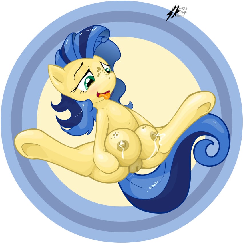 2014 animal big_crotchboobs blue_hair crotchboobs cutie_mark equine female freckles green_eyes hair hi_res high_resolution highres hooves horse lactation mammal milk milky_way_(character) milky_way_(mlp) milky_way_(oc) my_little_pony original_character pony pussy shinekolt solo spread_legs spreading tongue tongue_out two_tone_hair