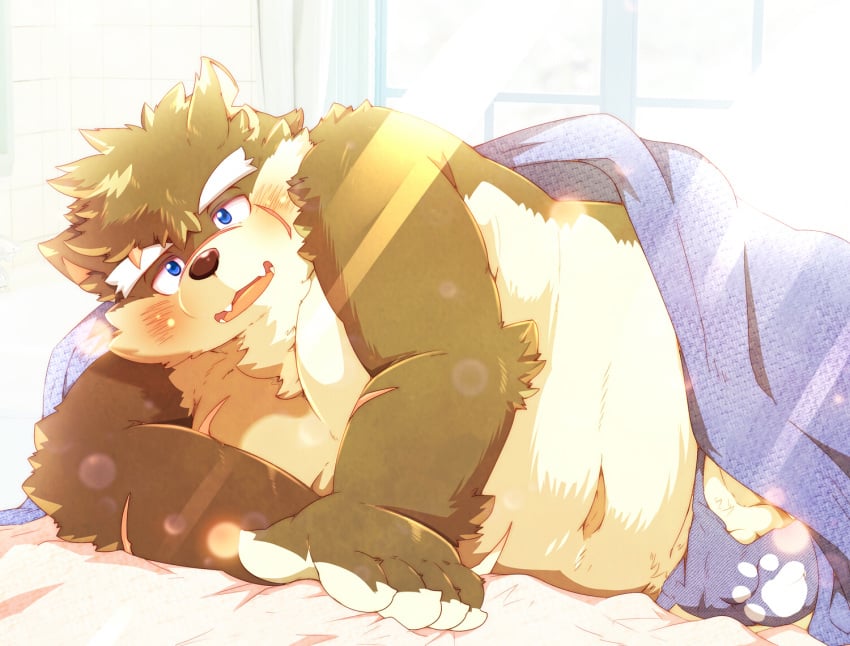 balls barely_visible_penis bed bedding blanket blue_eyes blush canine clothing fundoshi japanese_clothing male_only mammal moritaka overweight penis scar sleeping slightly_chubby tokyo_afterschool_summoners underwear