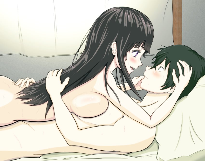 1boy after_sex bed black_hair blush breasts chitanda_eru couple female green_eyes highres hyouka large_breasts long_hair mita_teruyoshi nude open_mouth oreki_houtarou pillow purple_eyes short_hair smile