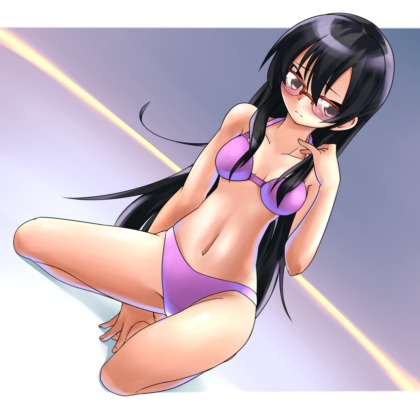 bikini black_hair blush brown_eyes female glasses hadi_girl hi_res hidarimae high_resolution highres kagura_sae long_hair solo swimsuit tyourou_god very_long_hair