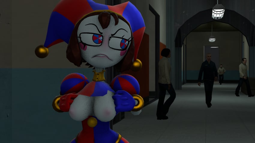 3d 3d_(artwork) 3d_render annoyed annoyed_expression background_character background_characters female_focus flashing_breasts medium_breasts pomni pomni_(tadc) pomni_(the_amazing_digital_circus) ripping_clothes ripping_clothing sfm source_filmmaker source_filmmaker_(artwork) spectixia tree_of_goons valve valve_(company)