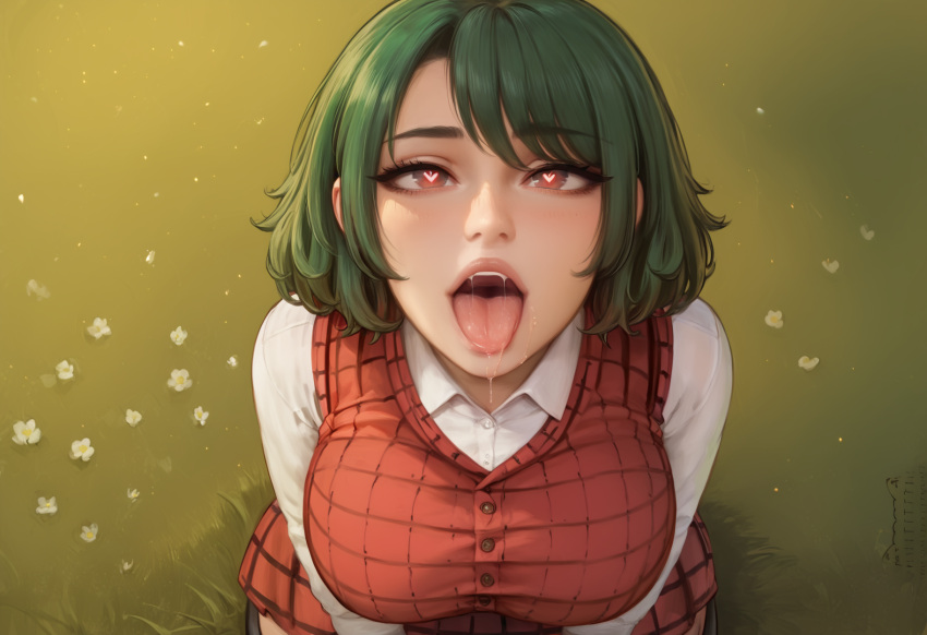 1girls ai_generated anaslex collared_shirt drool drooling fully_clothed green_hair heart heart-shaped_pupils hi_res kneeling large_breasts open_mouth red_eyes saliva skirt sweater_vest tongue tongue_out touhou yuka_kazami yuuka_kazami