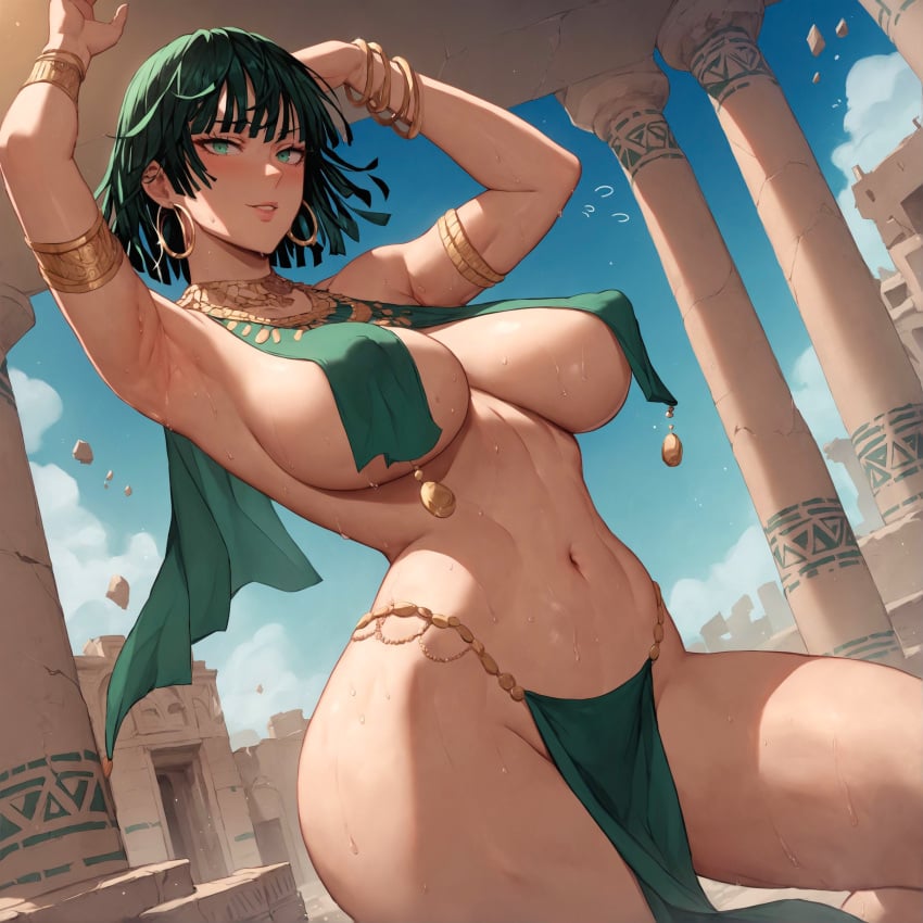 1girls ai_generated alex-schura arabian_clothes armlet armpits arms_behind_head arms_up bangs bare_shoulders black_hair blue_sky blush bracelet breasts cleavage clothing cloud curvaceous curvaceous_female curvaceous_figure curvy curvy_figure day earrings female female_focus female_only fit_female fubuki_(one-punch_man) green_eyes green_hair harem_girl harem_outfit hoop_earrings inviting inviting_to_sex jewelry large_breasts loincloth looking_at_viewer navel necklace nipples one-punch_man outdoors parted_lips pelvic_curtain presenting presenting_breasts presenting_pussy revealing_clothes seductive seductive_look seductive_smile short_hair sky smile solo solo_female stomach sweat thick_thighs thighs voluptuous voluptuous_female