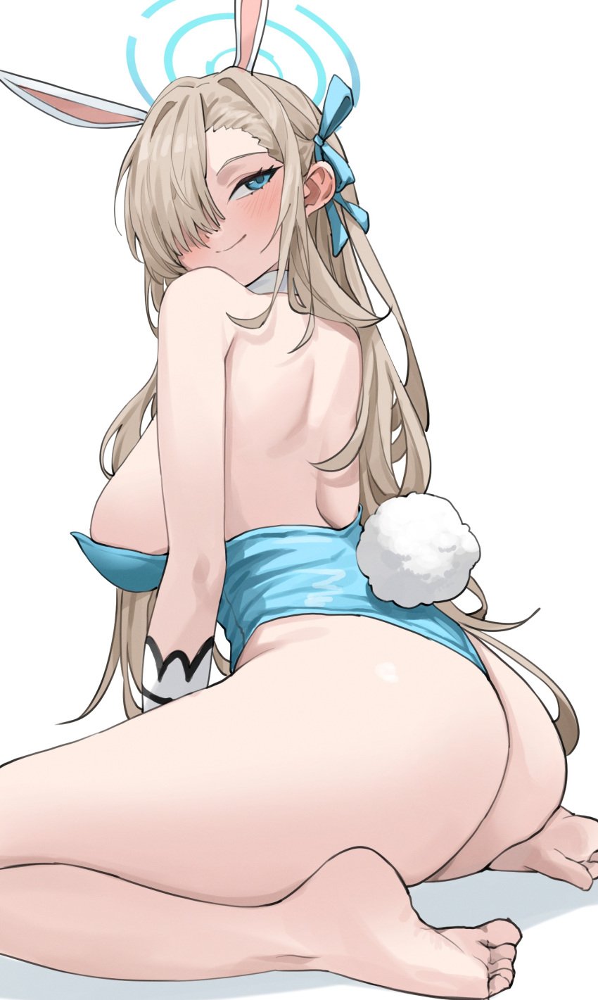 absurdres animal_ear_hairband animal_ears aqua_eyes aqua_leotard ass asuna_(blue_archive) asuna_(bunny)_(blue_archive) asymmetrical_bangs bare_legs blue_archive blush breasts commentary fake_animal_ears fake_tail feet_out_of_frame female gloves hair_over_one_eye hair_ribbon hairband halo highres jeon_(user_ywaw3774) kneeling large_breasts leotard light_brown_hair long_hair looking_to_the_side official_alternate_costume one_eye_covered playboy_bunny rabbit_ear_hairband rabbit_ears rabbit_tail ribbon sideboob simple_background smile soles solo strapless tail toes very_long_hair white_background white_gloves