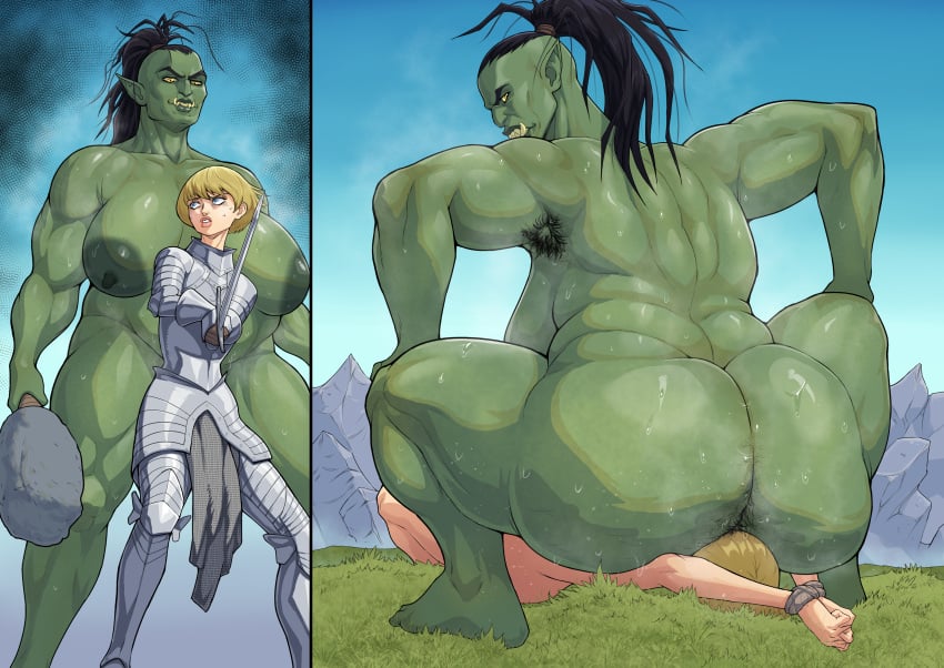 2024 absurd_res areola armor armpit_hair ass big_areola black_hair bodily_fluids body_hair breasts butt_hair club_(weapon) defeated dominant dominant_female facesitting female femdom forced green_body green_skin hair hi_res human human_male human_on_humanoid humanoid humanoid_pointy_ears interspecies kokobiel larger_female light-skinned_male light_skin male male/female mammal melee_weapon nipples not_furry nude orc orc_female ponytail sitting_on_another size_difference smaller_male sweat sword tusks weapon