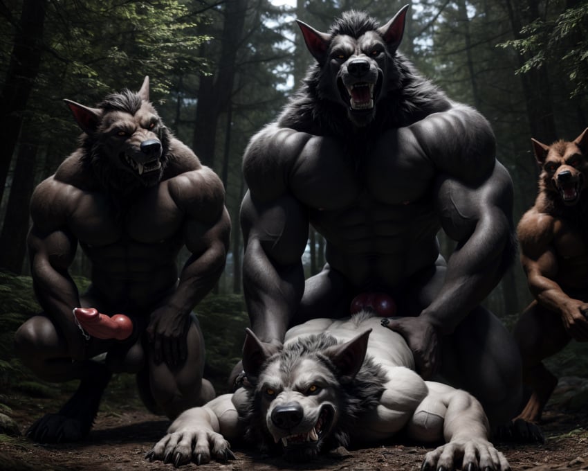 ai_generated anal anal_sex canine canine_genitalia canine_penis cum cum_in_ass cumshot digitigrade duo forest furry gay huge_knot knot looking_at_viewer male_on_male multiple_males muscular_male orgy orgy_sex realistic solo werewolf werewolves wolf