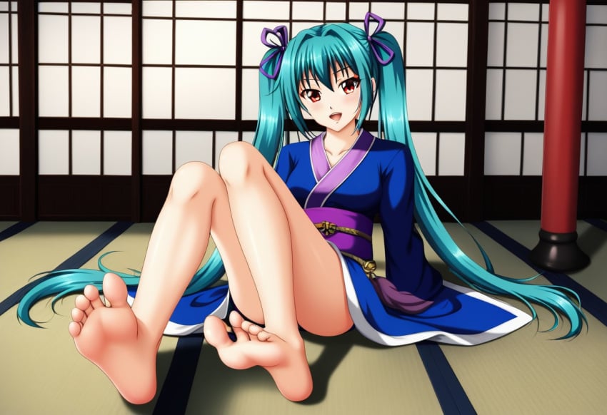 1girls ai_generated aqua_hair autismmix_pony(model) barefoot black_eyebrows blossomtea blue_kimono collarbone eyebrows eyebrows_visible_through_hair first_porn_of_character foot_fetish hair_ribbon hatsune_miku japanese_clothes kimono looking_at_viewer masa_works_design mv_character oni_to_kitsune_no_hanashi onibi_(vocaloid) pointy_chin purple_hair_ribbon purple_ribbon purple_sash red_eyes ribbon self_upload shuri_oborodzuka sitting_on_floor solo solo_female teeth twintails upper_teeth upper_teeth_only very_long_hair vocaloid yodayo