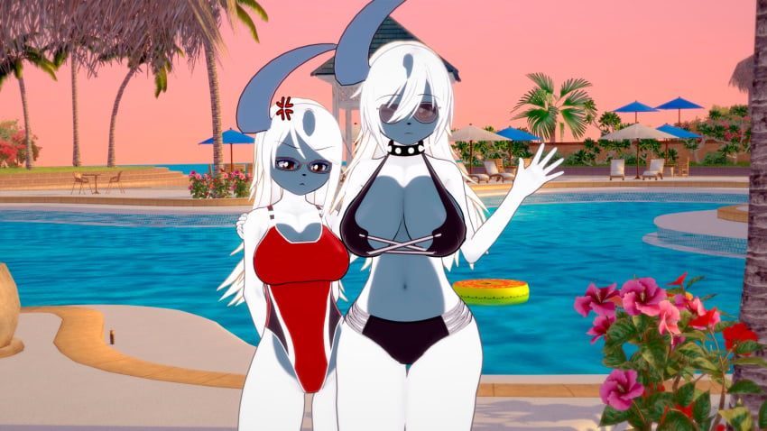 2girls absol angry big_breasts envy garbox koikatsu pokemon pokemon_(species) sunglasses swimming_pool swimsuit