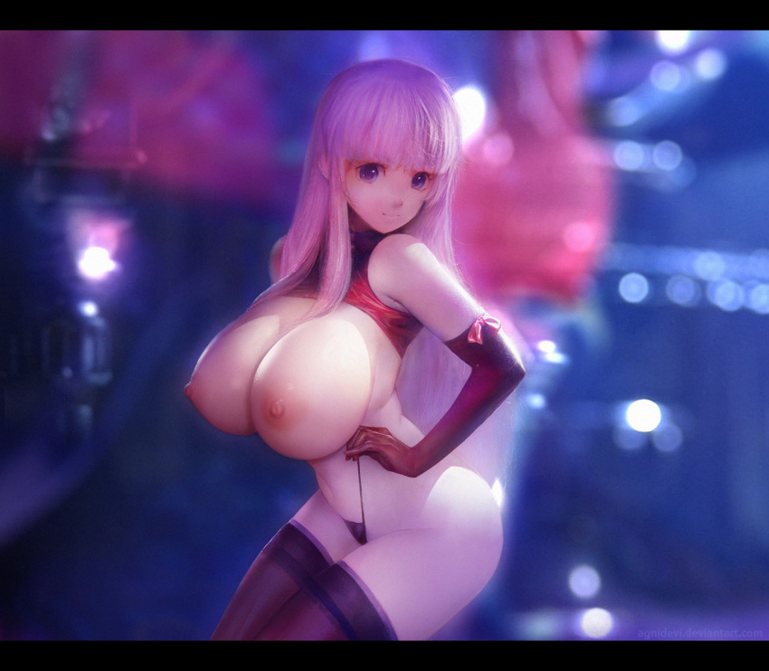 1girls agnidevi areolae big_breasts blurred_background breasts breasts_out curvy elbow_gloves erect_nipples exposed_breasts female gloves huge_breasts long_hair looking_at_viewer partially_clothed pink_hair posing purple_eyes shirt_lift skimpy sleeveless sleeves solo thighhighs thong thong_pull